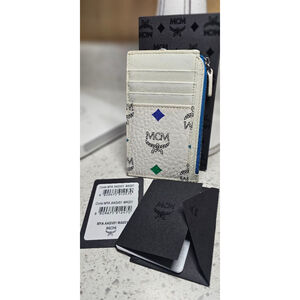 MCM White Visetos Zip Card Holder / Mini Wallet – Authentic